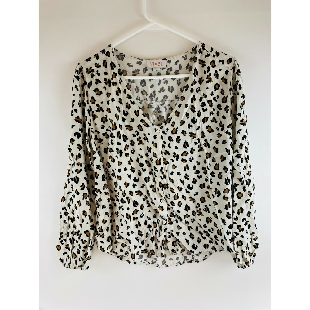 VIXBE Blouse Women's Size M White Leopard Pattern Button Up V-neck Long Sleeve